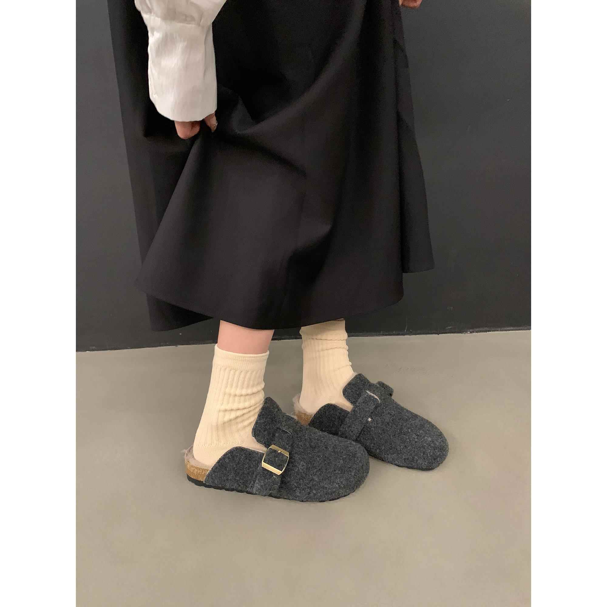 秋冬厚底毛毛鞋加绒保暖棉鞋包头半拖外穿呢子平底勃肯鞋女0923c - 图0