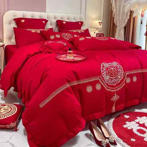 高档中式龙凤刺绣时尚婚庆四件套结婚大红色床单被套陪嫁床上用品 - 图0
