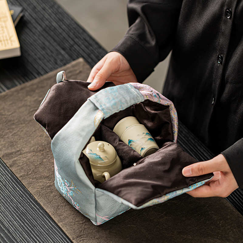 New Chinese-style tea set storage bag thickened outdoor portable tea bag tea cup teapot storage bag one pot two cup cloth bag