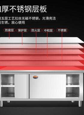 不锈钢拉门台商用厨房操作台面打荷台切菜桌子案板饭店储物柜