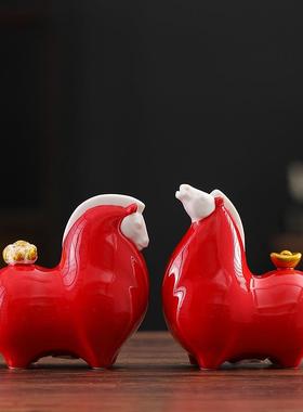 马上发财创意陶瓷生肖小唐马茶宠摆件茶室茶桌茶台装饰吉祥物礼品