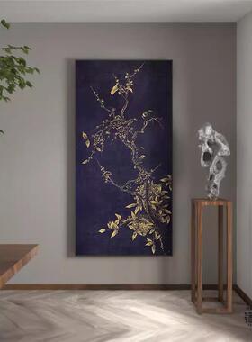 新中式蓝金复古中国风花鸟客厅餐厅装饰画卧室玄关壁画竖版挂画