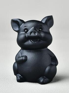 厂家天然原矿黑曜石雕刻磨砂款招财生肖猪居家装饰摆件复古