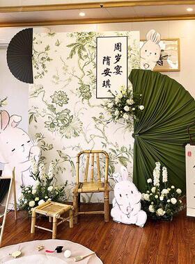 兔宝宝周岁生日布置装饰森系排花挂花家庭版绿色系简约婚庆路引花