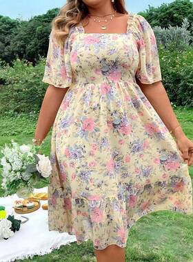 Women's Plus Size Casual Floral Dress Shirred Design