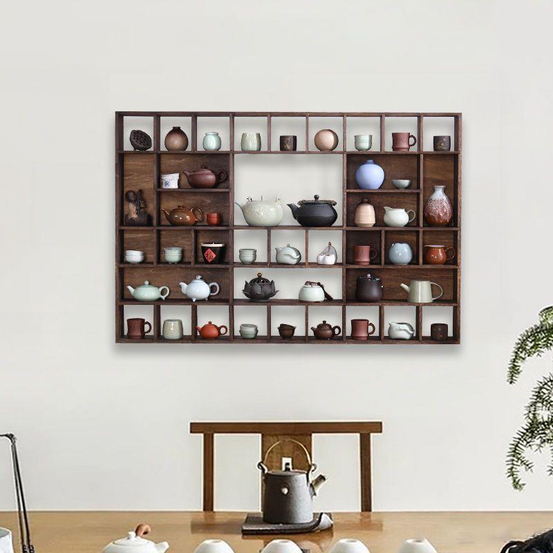 Solid wood wall-mounted ancient rack tea cup rack tea set rack purple sand pot storage rack ornament display rack Duobao Pavilion tea rack