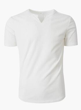 Men's Ribbed V-Neck T-Shirt Short Sleeve Notched Collar