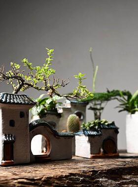 徽派建筑摆件陶瓷材质古风装饰微景观造景花盆模型客厅桌面办公室