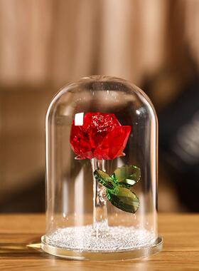 水晶玫瑰仙花创意女孩生日礼物女孩心小饰品玻璃罩桌面装饰