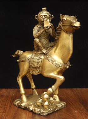 纯黄铜马上封侯吉祥摆件家用桌面马上猴寿桃猴印章猴装饰摆设