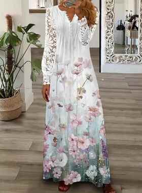 Women's single flower side length dress 女装独花边长连衣裙