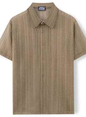 欧美男装2025夏季休闲针织衬衫翻领镂空透气短袖上衣Men's Sh