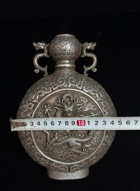 工艺品仿古做旧纯铜镀银高复古龙双龙浮雕纹扁瓶摆件