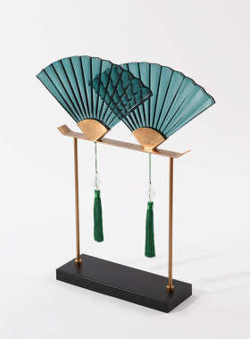 创意新中式摆件湖蓝玻璃折扇工艺品客厅玄关柜陈设会所茶几装饰品