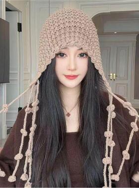 秋冬帽子红色针织帽女2026新款手工编织流苏毛线帽川西旅游1020k