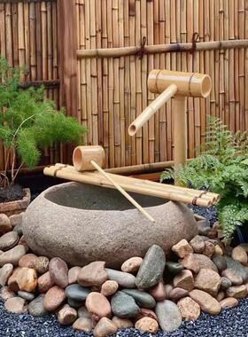 日式鹅卵石鱼缸竹流水组合景观石钵水钵造景石盆户外水景庭院摆件
