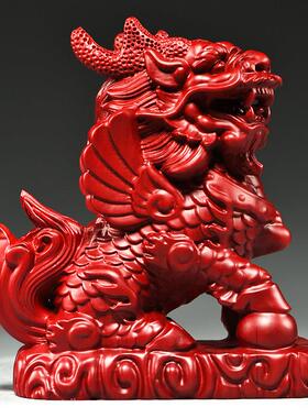 红色木质火麒麟摆件一对实木门口头木制雕刻瑞麟红木装饰工艺品