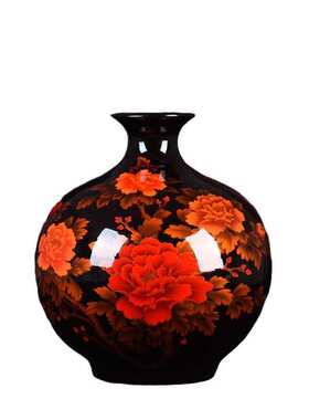 陶瓷花瓶摆件批发黑色牡丹花水晶釉观赏瓶现代家居客厅装饰品批发