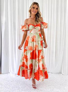 Printed Bubble Sleeves Grand Swing High end Dress for Women