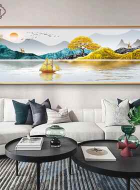 网红金沙发墙景墙装饰画客厅西代轻奢山水画画挂画背靠背山壁新中