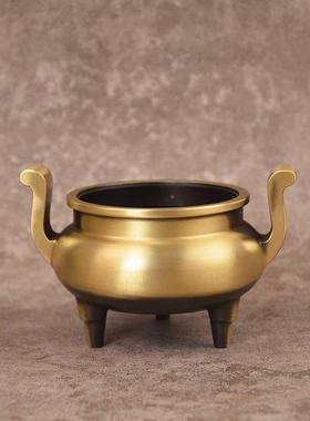 宏达 全黄铜官耳炉大号元宝三足炉佛像供奉铜香炉铜器摆件