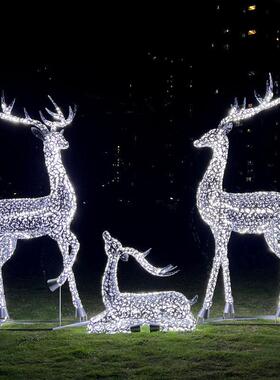 不锈钢发光梅花鹿雕塑户外草坪铁艺镂空彷真动物摆件婚庆场景布置