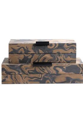 新中式家居样板间把手圆形收纳盒客厅边柜摆件圆形复古木纹装饰盒