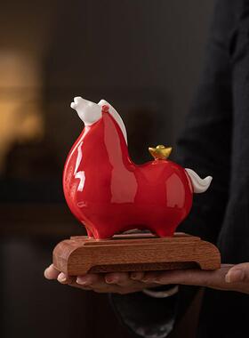 红色陶瓷唐马一对招财家居玄关酒柜桌面摆件办公室吉祥物生肖马