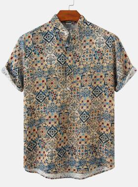 Hawaiian Shirt Men Half Placket Collar Beach Shirt Vacation