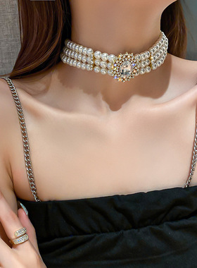 蝴蝶结夸张珍珠项链小众气质项链