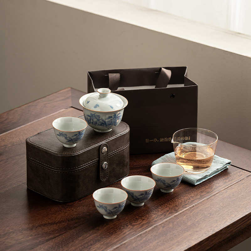 Ru Kiln Travel Tea Set Outdoor Portable Gaiwan Kung Fu Tea Maker Company Opening Event Souvenir Set