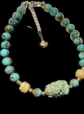 天然高瓷绿松石手链扎基拉姆手串珠链18k金配饰 15.2×9.8×8mm