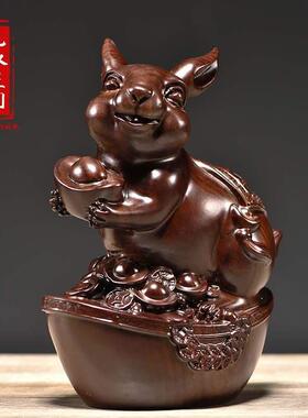 黑檀木雕十二生肖兔子摆件实木雕刻家居客厅书架装饰红木工艺礼品