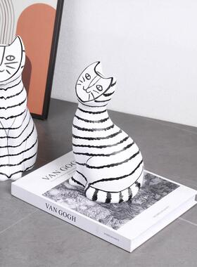 现代简约软欧式轻奢黑白纹猫条楼BSR树脂猫摆件样板房售处装品汤