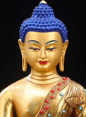 精品黄铜释迦佛摆件西藏式双莲花座鎏金镶嵌彩珠释迦牟尼佛像7寸