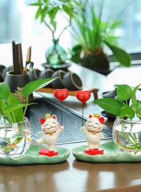 家居招财猫水培办公桌装饰现代风绿萝养殖花瓶书房玻璃花器摆件新