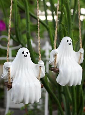 跨境新款白衣秋千幽灵挂件庭院装饰白衣幽灵花园挂件荡秋千套二现