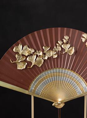 新中式书房禅意摆件书柜博古架立体浮雕扇子工艺品样板间软装饰品