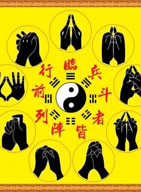 先天八卦九字真言手印图临兵斗者皆阵列前行周易经太极图装饰壁画