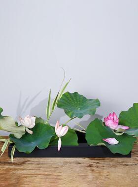剑山铁艺小原流写景盘花器插花艺术长方形黑色托盘带孔铁不锈钢
