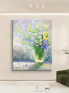 小雏菊诧寂风手绘油画花瓶花卉装饰画客厅玄关立体石英砂肌理挂画