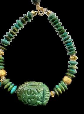 原矿高瓷绿松石飞碟珠手链 18k金镶嵌单圈手串尺寸22.5×17×11mm