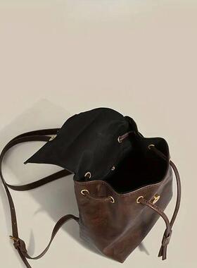 Small Drawstring Flap Backpack Women Mini PU Leather Texture