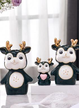 陶瓷梅花鹿麋鹿一家三口四口结婚礼物隔断酒柜装饰品摆件家居摆设