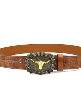 Denim belt cow head large plate buckle trendy 牛仔皮带牛头