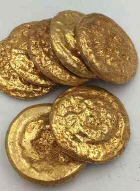 复古汉代金饼黄铜鎏24K金白铜镀金材质金饼 仿古清黄铜金锭装饰