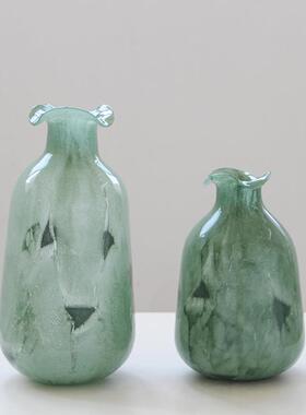 绿色中古玻璃花瓶摆件创意水养客厅电视柜玄关插花装饰品法式琉璃