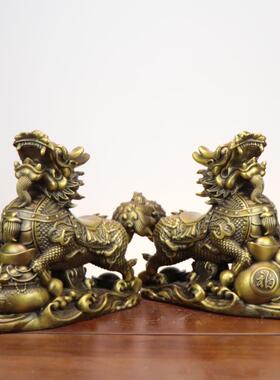 铜麒麟摆件一对聚宝盆麒麟家用办公室客厅玄关桌面铜摆件礼品