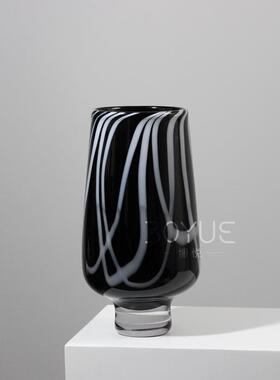 现代简约创意高脚黑色白花纹手工琉璃花瓶样板间售楼处软装饰器皿