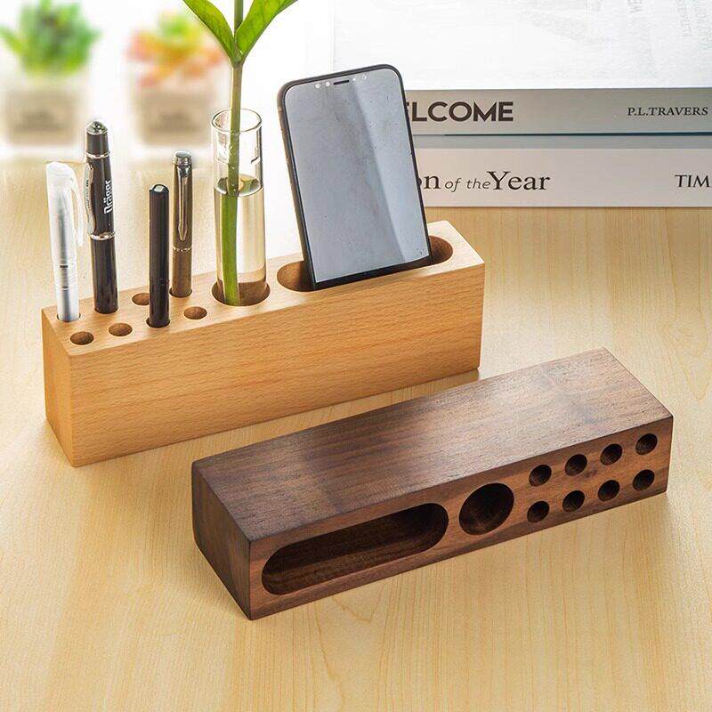 Creative solid wood pen holder multi-function stationery storage box business gift cute wooden pen holder black walnut pen insert